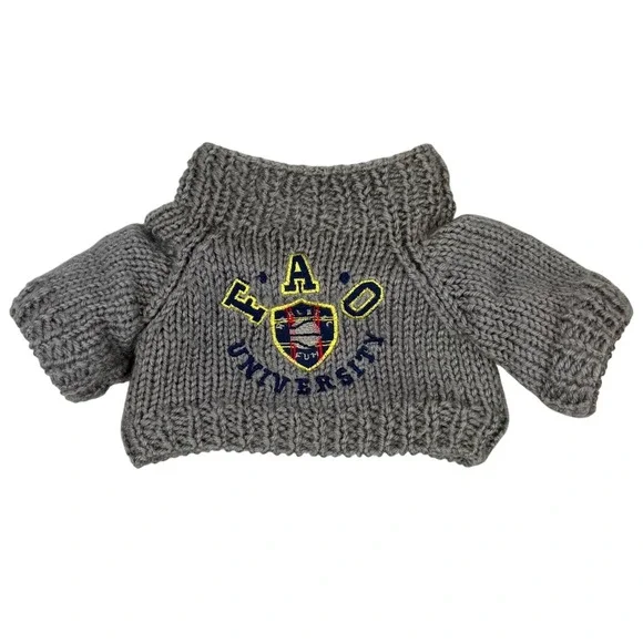 FAO Schwarz University Teddy Bear‎ Sweater Gray Knit, Crest Embroidered