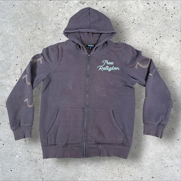 True Religion Men's Brown Zip Up Hoodie Multi Stitch Horseshoe Large Y2K