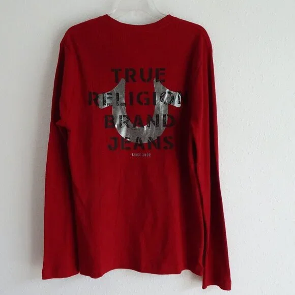 True Religion Henley Shirt Men's Size M Red Long Sleeve Waffle Logo Cotton