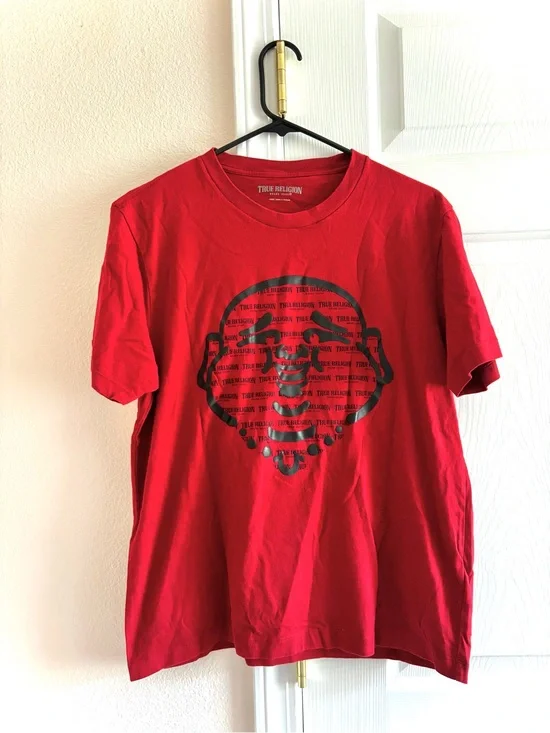 True Religion Men’s T-Shirt Large Red Buddha Face Logo Graphic Print