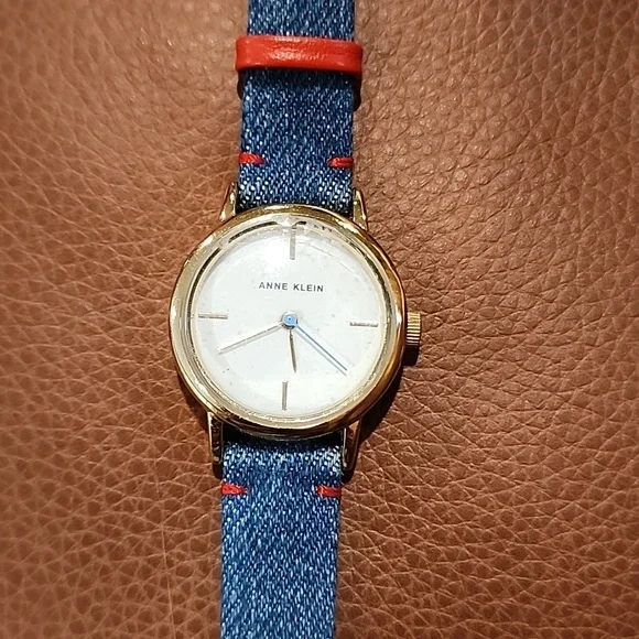 Anne Klein Gold Watch with Denim Blue And Red Strap Ladies Watch