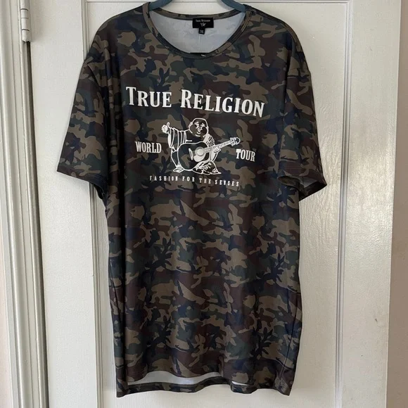 True Religion Men's Green Camouflage Graphic Tee Size XXXL street wear, y2k