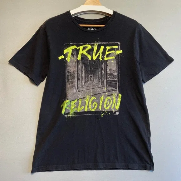 True Religion Mens Black Graphic T Shirt World Tour 100% Cotton Size M‎