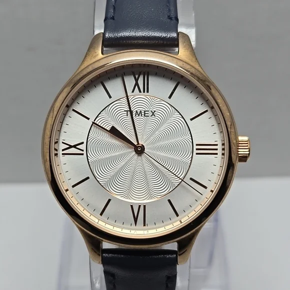 Womens Timex Peyton 36mm Rose Gold Tone Watch Navy Leather Strap New Battery