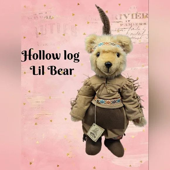 Hollow Log Collectibles Lil Bear Native American Outfit On Stand Fringe Feathers