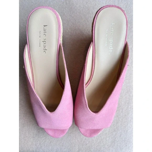 KATE SPADE Thea Pink Suede Wedge Sandals Espadrille Mules 7.5 LNWOT