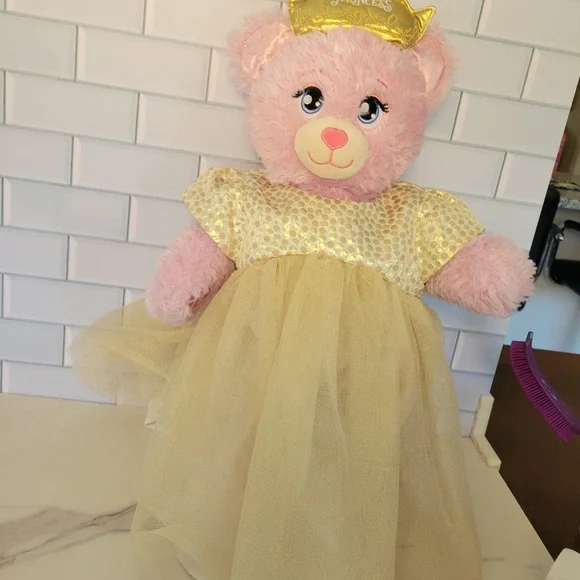 Build A Bear Disney Princess Pink Plush Bear Gold Sequin Tulle Dress Crown Belle