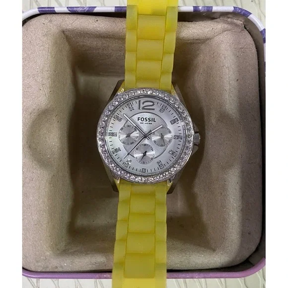 Fossil Womens ES2525 Watch Yellow Silicone Strap Glitz Bezel Face Dazzle EUC