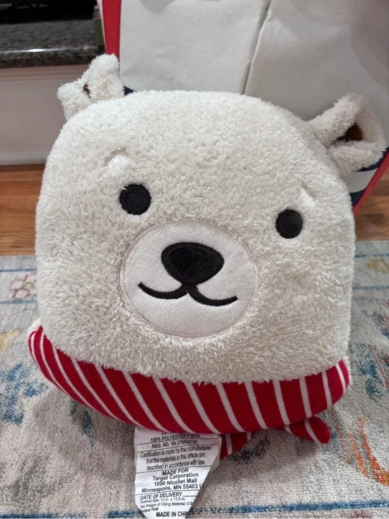 Wondershop Cream Plush Bear Pillow with Red Striped Base