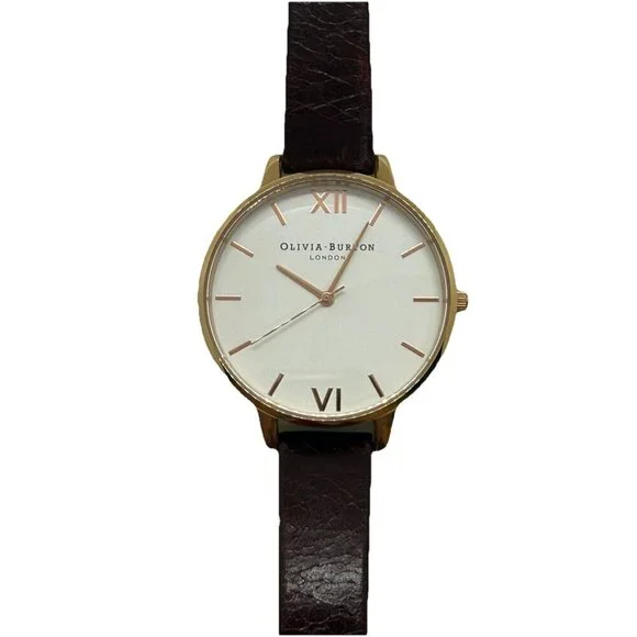 Olivia Burton Sunray Watch Women Rose Gold Tone Brown Leather Band White Face