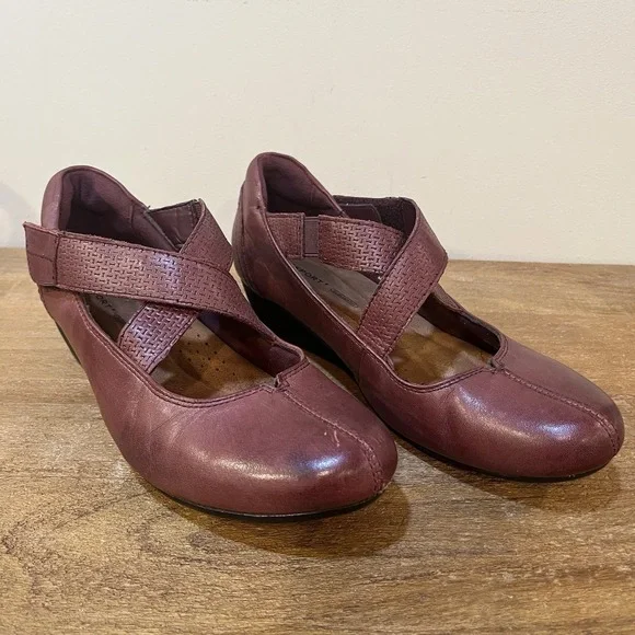 Rockport Janet‎ Mary Jane Shoes Women 8.5M Burgundy Red Leather Comfort Wedge