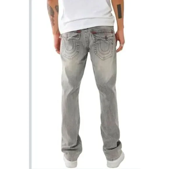 True Religion Ricky Relaxed Straight Jeans Gray Wash T Flap Pocket Size 42