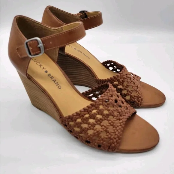 Lucky Brand Brown Leather Strappy Platform Wedge Sandals Boho Summer Shoes