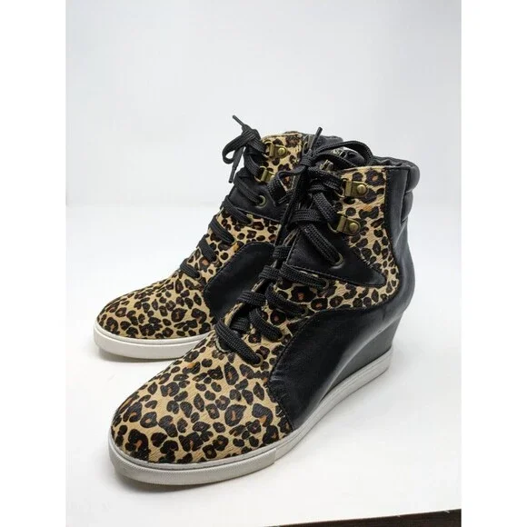 LINEA PAOLO Fleur Wedge Sneakers Leopard Print Calf Hair Leather Black Size 7M