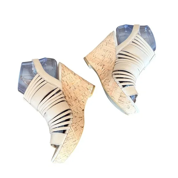 Franco Sarto Sharp Beige Leather Cork Wedge Cage‎ Sandals Womens 7M