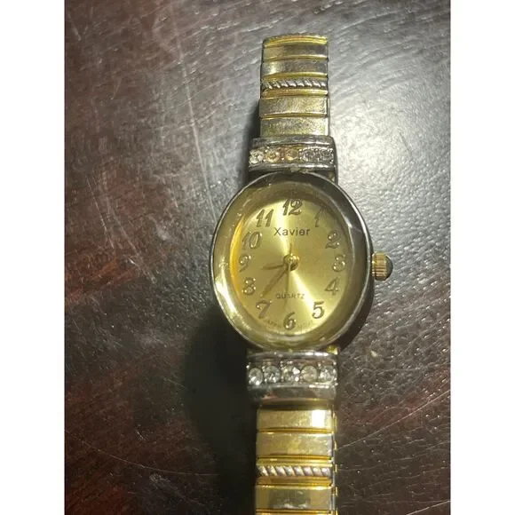 Xavier Vintage Two-Tone Crystal Accent Stretch Band‎ Watch Gold Silver @J