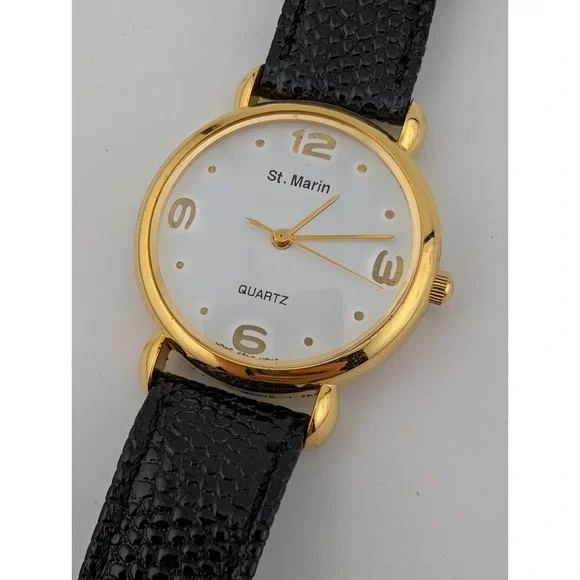 Vintage St. Marin Watch Women 32mm Gold Case Black Leather Band- New Battery