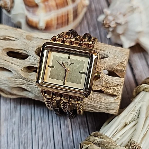 NWT JESSICA SIMPSON MULTI-CHAIN BRAIDED BAND GOLD TONE RECTANGLE WATCH