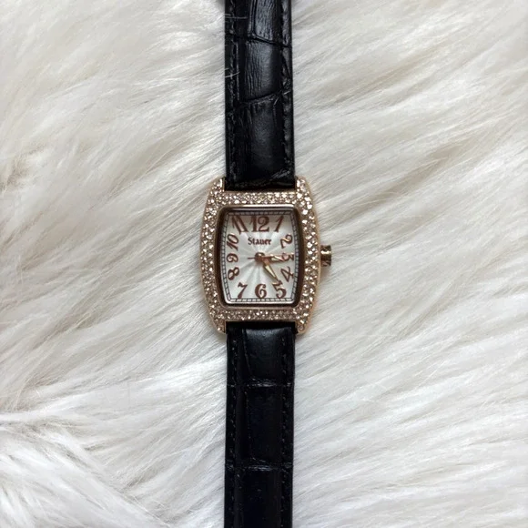 Stauer Debutante Watch Womens Rose Gold Tonneau Crystals Leather Band Classic