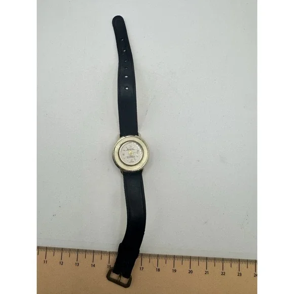 Vintage Newbrook Swiss Made Antimagnetic Shockproof Gold Tone Watch Black Strap