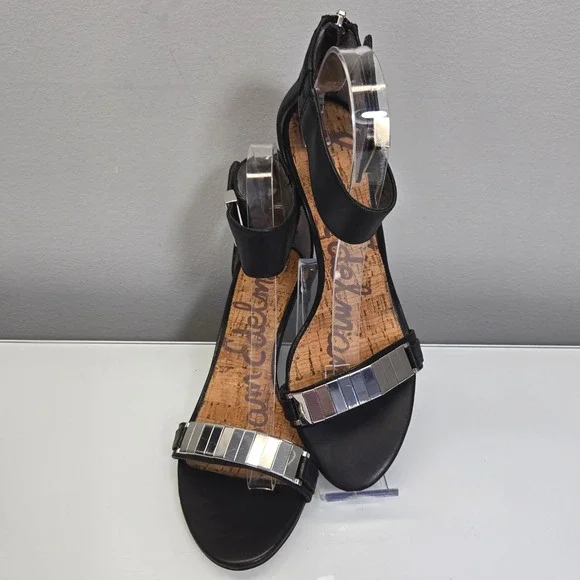 Sam Edelman Serena Wedge Sandals 7.5 Black Leather Silver Metal Indie Sleaze Y2K