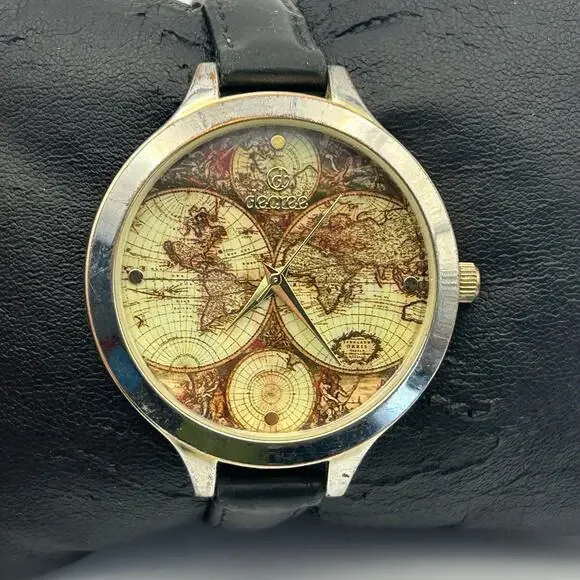 Decree World Map Dial Silver Black Leather Watch Working New Battery