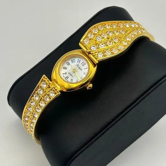 Xanadu Gold Tone Mother Pearl Rhinestones Accents Women’s Watch  New Battery