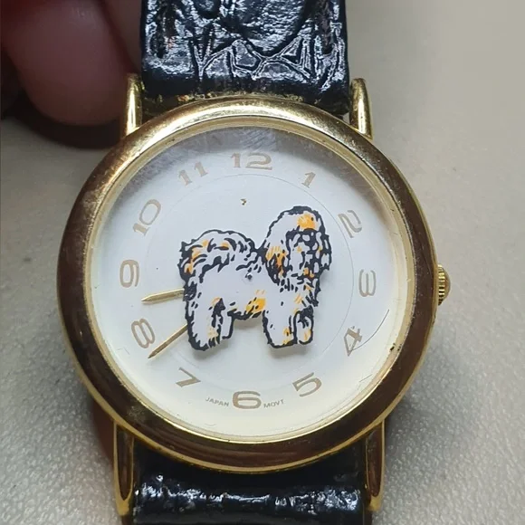 🦋10/$20🦋 Vtg Wrap Goldtone/White Leather Rotating Dog Women's Watch