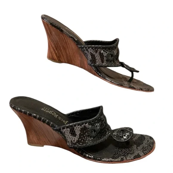 Jack Rodgers USA Leather Wedge Thong Sandal Shoes Sequin Reptile Gray Black 7.5