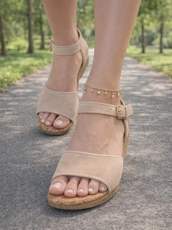 UGG Maybell Tan Cork Wedge Sandals with Ankle Strap
