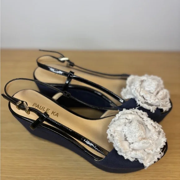 Paule Ka Women's Blue Denim Look and White With Black‎ Straps Wedge Sandals