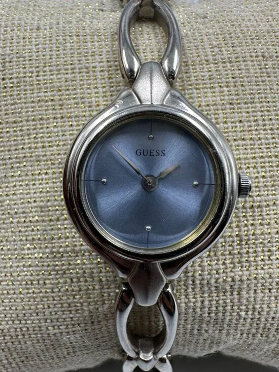 Guess Watch Women Silver Tone Small Blue Dial 19MM New Battery 7.25 Inch