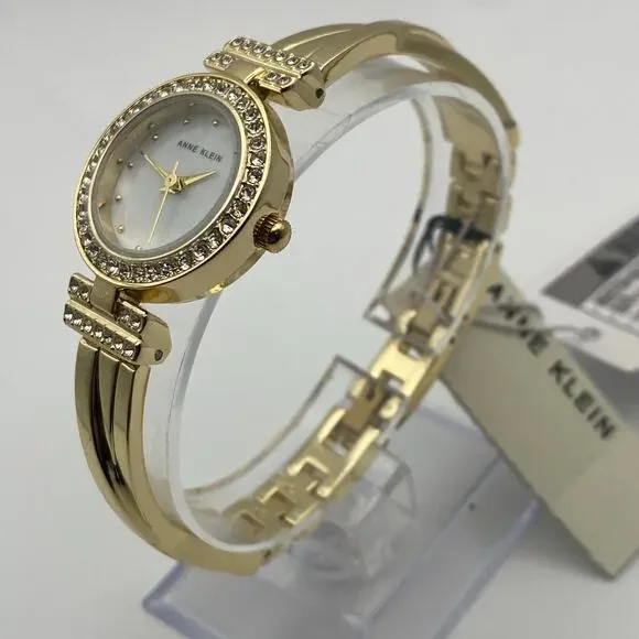 Ladies Anne Klein AK-1868GBST Gold Tone Crystal Bezel Watch and Bracelet NIB