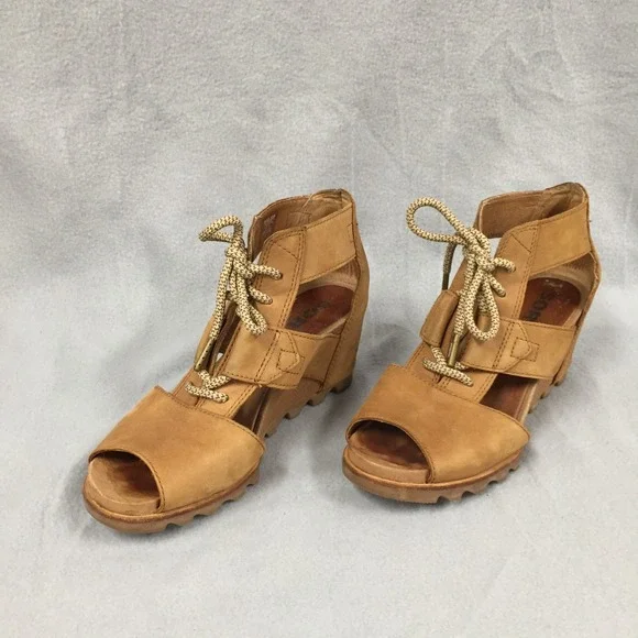 Sorel Joanie Lace Tan Leather Wedge Sandals Peep Toe Lace Up Womens 9 NL2514-224