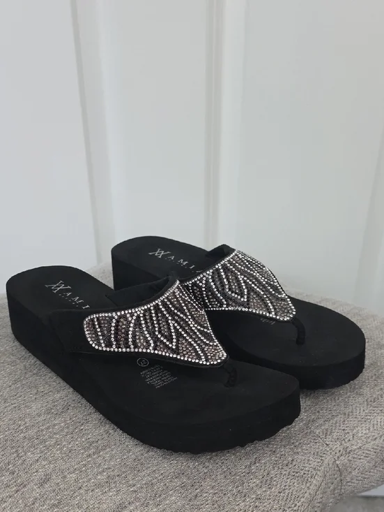 Black Rhinestone Platform Wedge Thong Sandals - Women Size 10.5