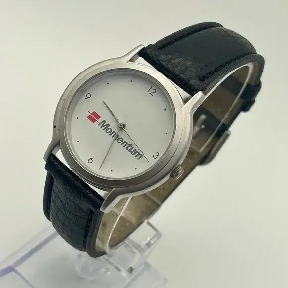 Momentum White Dial Black Leather Minimalist Watch Working New Battery