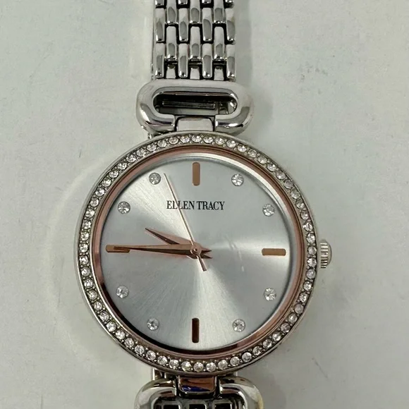 Ellen Tracy Ladies Silver Bracelet Watch Rose Gold Accents Rhinestone Bezel A1
