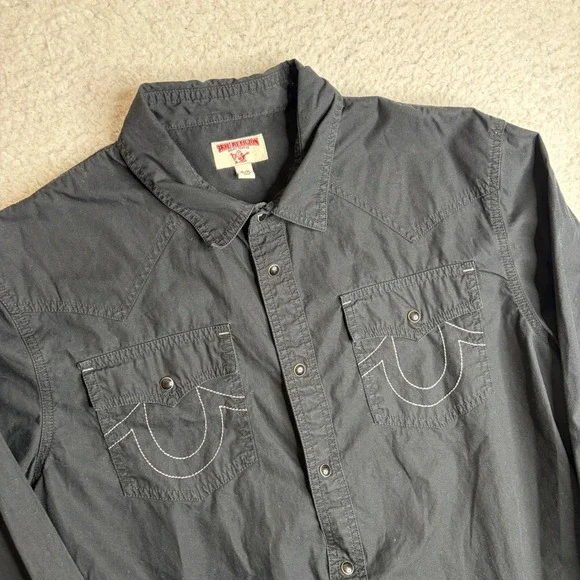 True Religion Mens Western Snap Shirt Black Horseshoe Stitch XL MYMB390MU3