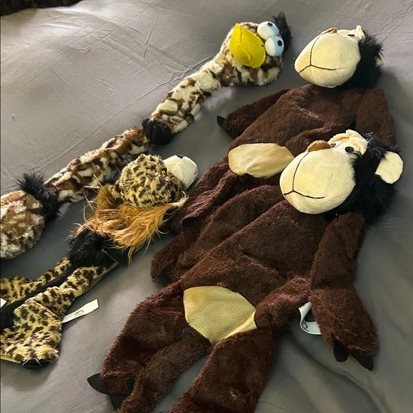 4 Adorable Plush Animal Toy Set - Brown Monkey, Yellow Giraffe, and Leopard