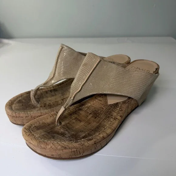 Donald Pliner Gil‎ Metallic Snake Embossed Cork Wedge Sandals Tan Womens 9M