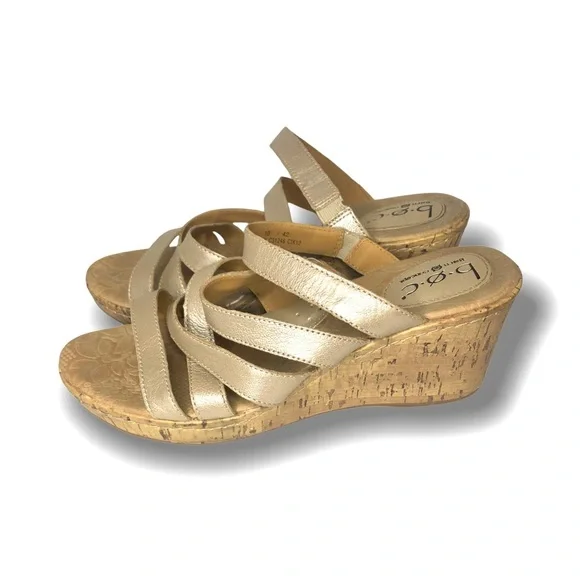 boc Metallic‎ Rose Gold Leather Strappy Cork Open Toe Slide Wedge Sandal 10