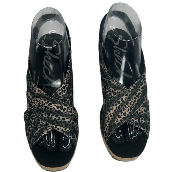 Skechers Cali Club X Ray Tan Black Wedge Sandal Leopard Metallic Shoes 7.5 Comfy