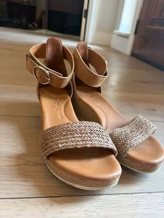 Paul Green Super Soft Tan Leather Ankle-Strap Woven Wedge Sandals