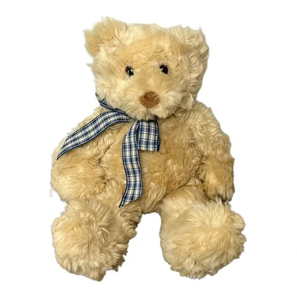 Gund Gordon Teddy Bear‎ Plush Tan Beige 15037 Shaggy Fur Blue Plaid Ribbon 12in