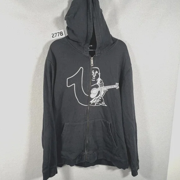 True Religion Japanese Buddha Hoodie Mens 2XL Black Graphic Print Full Zip