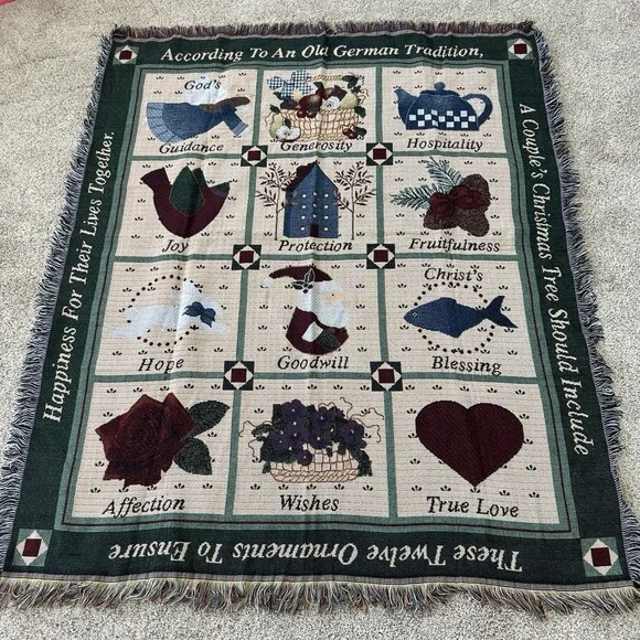 Vintage Woven Tapestry Throw Blanket German Christmas ornament tradition Couples