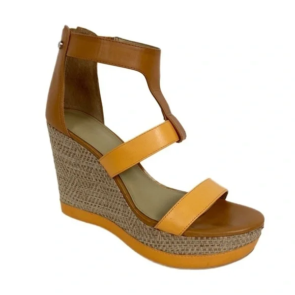 Antonio Melani Cam Leather T-Strap and Ankle Strap Open Toe Platform Woven Wedge