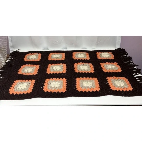 Vtg‎ Handmade Crochet Granny Square Afghan Blanket Throw Orange Brown 46X27