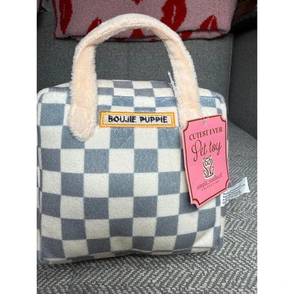 Simply Southern Boujie Puppie Plush Dog Toy Grey Checkered Handbag Squeaky NEW