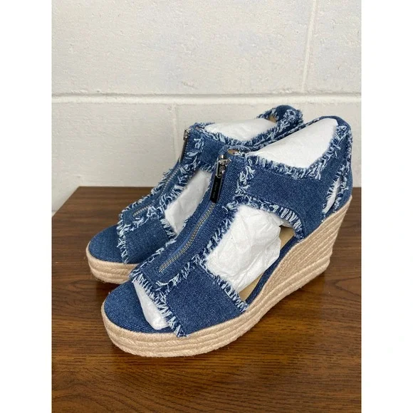 NIB Michael Kors Berkley Mid Denim Espadrille‎ Wedge Zip Up Detail 9.5M Blue